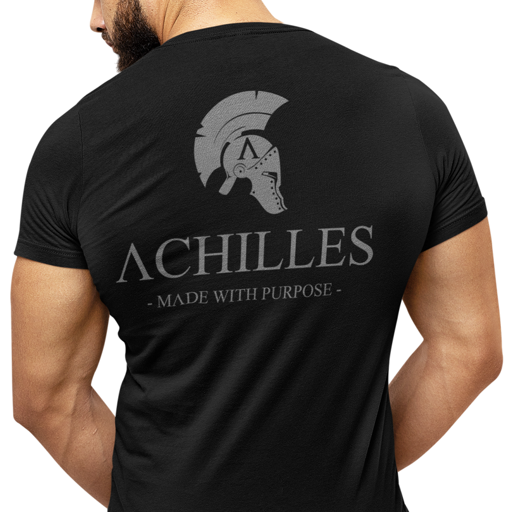 Back view of man wearing black short sleeve unisex fit original T-Shirt by Achilles Tactical Clothing Brand signature design
