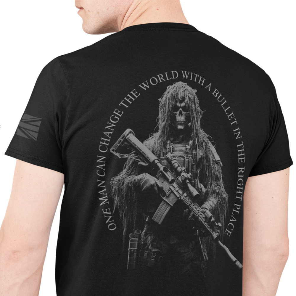 Back view of man wearing black short sleeve unisex fit original T-Shirt by Achilles Tactical Clothing Brand Sniper quote design