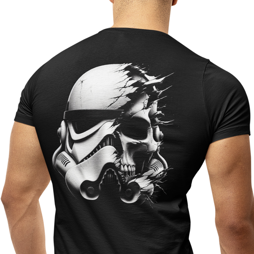 Back view of man wearing black short sleeve unisex fit original T-Shirt by Achilles Tactical Clothing Brand Stormtrooper Helmet design