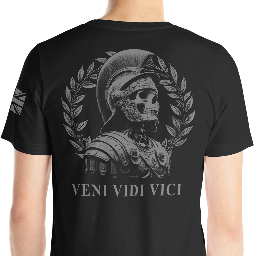 Back view of man wearing black short sleeve unisex fit original T-Shirt by Achilles Tactical Clothing Brand Veni Vidi Vici design