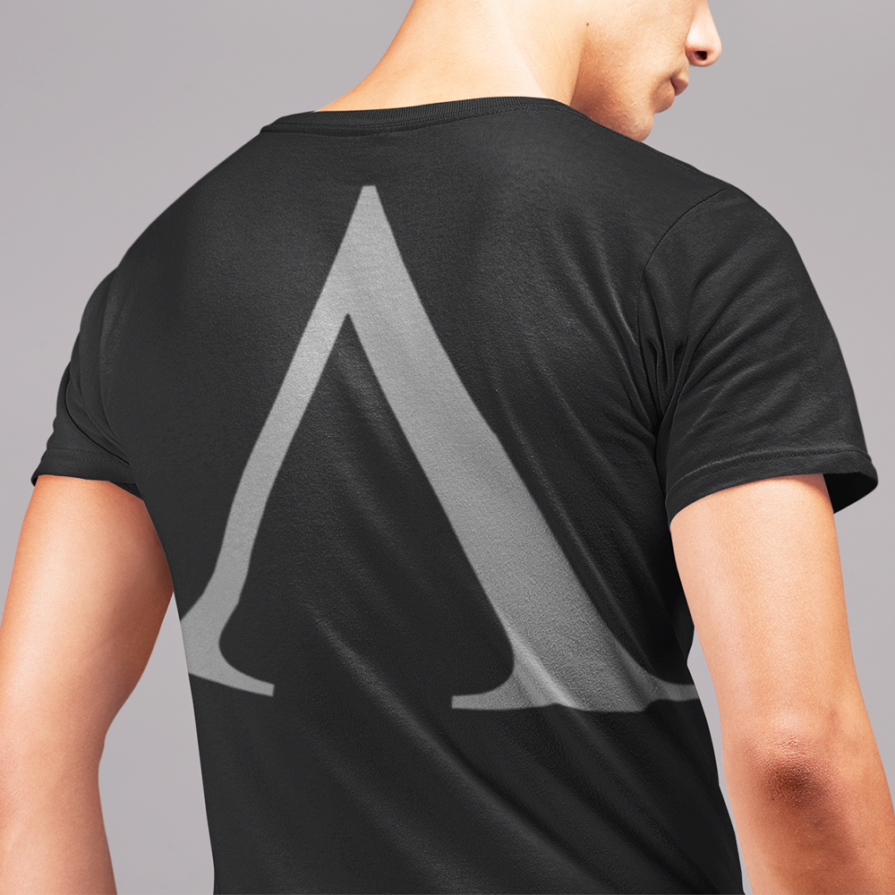 Back view of man wearing Black short sleeve unisex fit original cotton T-Shirt by Achilles Tactical Clothing Brand printed with Alpha A branded design across back