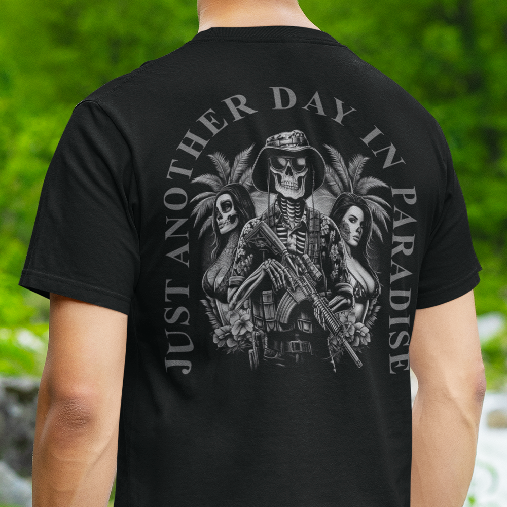 Back view of man wearing Black short sleeve unisex fit original cotton T-Shirt by Achilles Tactical Clothing Brand printed with Large Another day in Paradise design across back