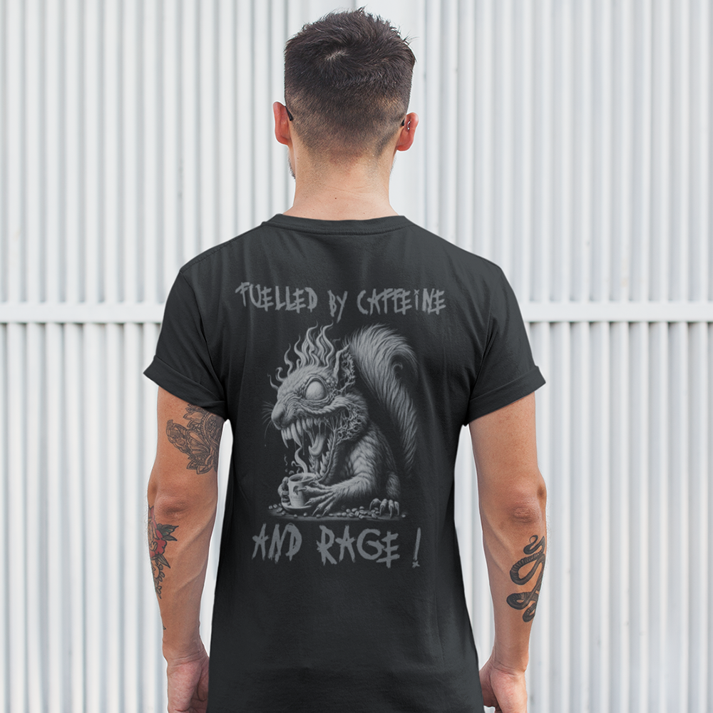 Back view of man wearing Black short sleeve unisex fit original cotton T-Shirt by Achilles Tactical Clothing Brand printed with Large Caffeine and Rage design across back