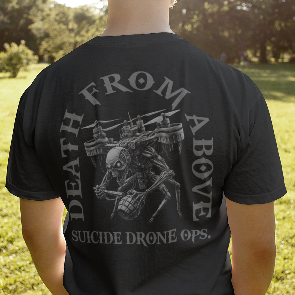 Back view of man wearing black short sleeve unisex fit original cotton T-Shirt by Achilles Tactical Clothing Brand printed with Large Death from Above Drone Ops design across back