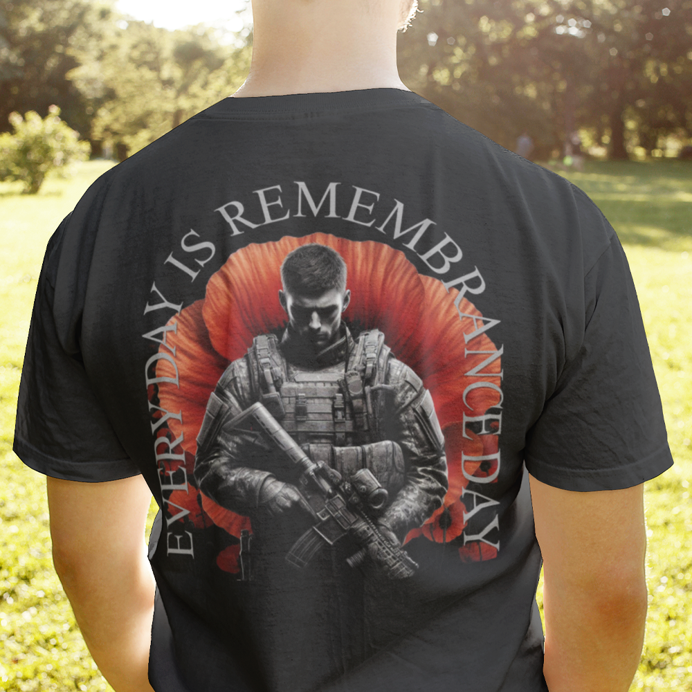 Back view of man wearing black short sleeve unisex fit original T-Shirt by Achilles Tactical Clothing Brand Every day is remembrance day design