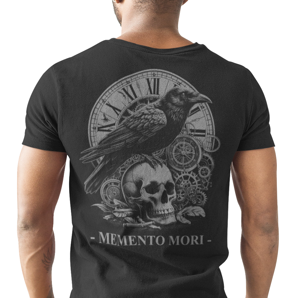 Back view of man wearing black short sleeve unisex fit original T-Shirt by Achilles Tactical Clothing Brand Memento Mori design