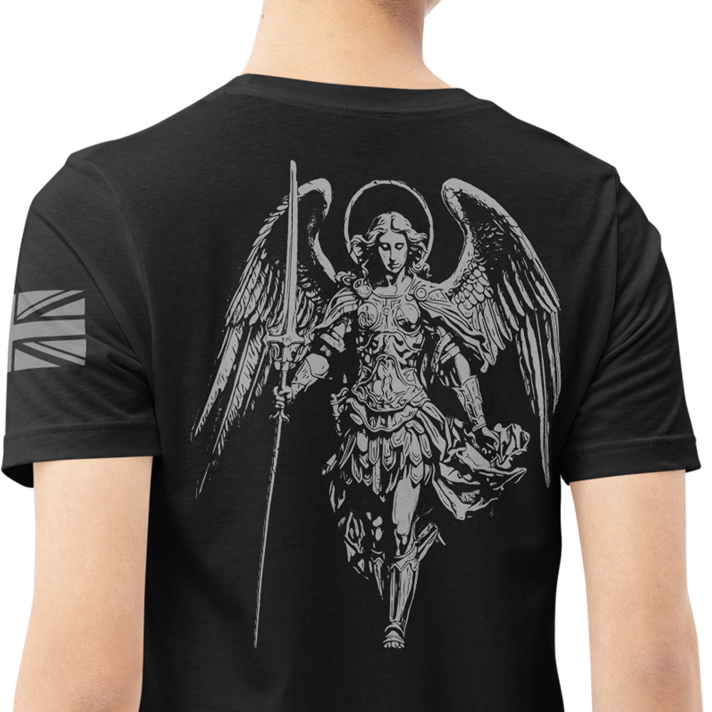 Back view of man wearing black short sleeve unisex fit original T-Shirt by Achilles Tactical Clothing Brand Saint Michael design