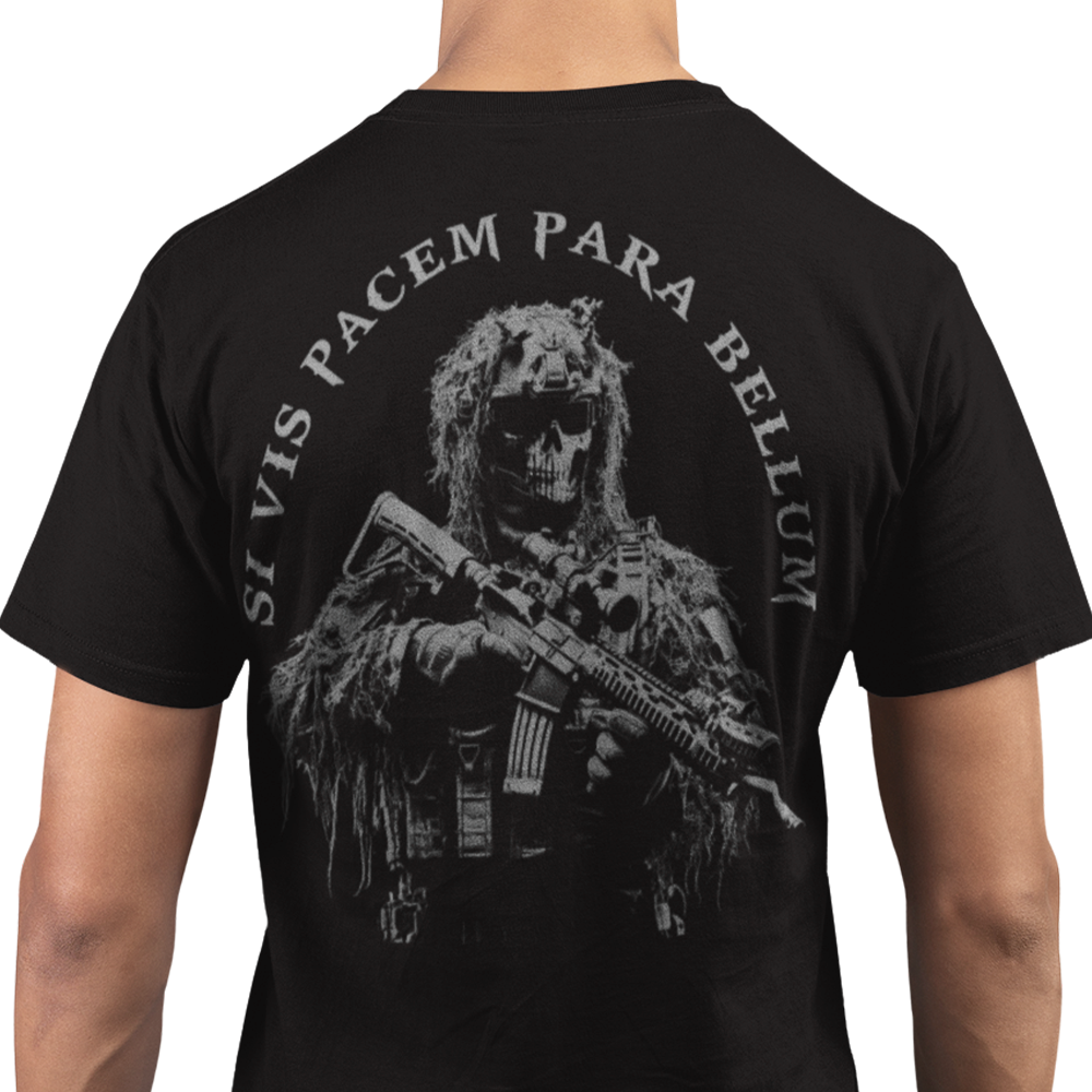 Back view of man wearing black short sleeve unisex fit original T-Shirt by Achilles Tactical Clothing Brand Si Vis Pacem Para Bellum design