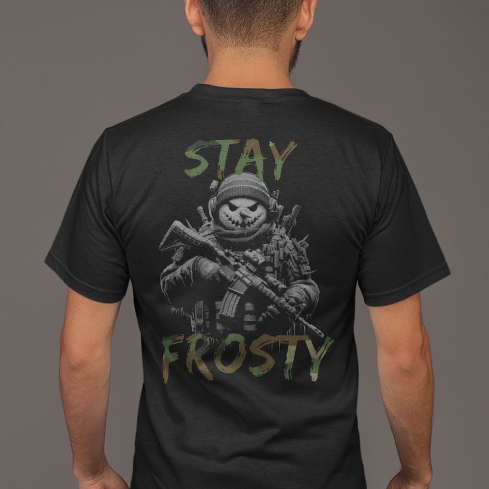 Back view of man wearing Black short sleeve unisex fit original cotton T-Shirt by Achilles Tactical Clothing Brand printed with Large Stay Frosty design across back