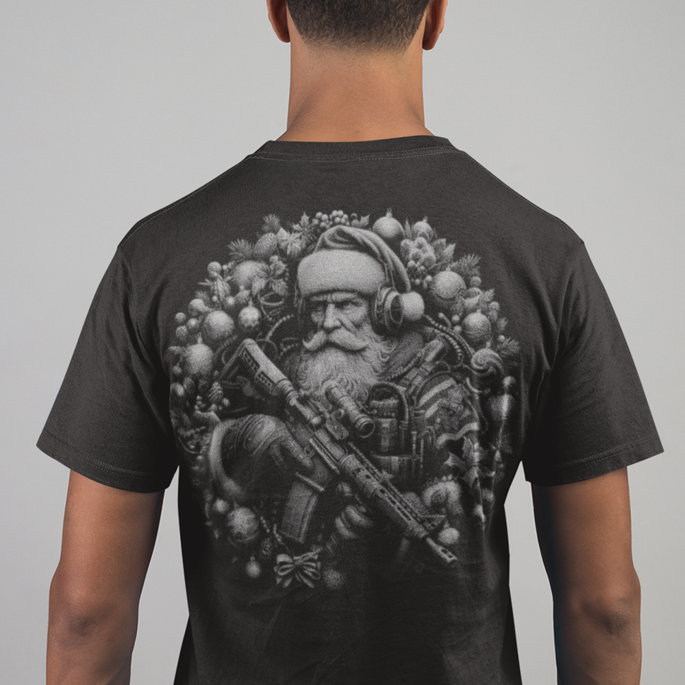 Back view of man wearing Black short sleeve unisex fit original cotton T-Shirt by Achilles Tactical Clothing Brand printed with Large Tactical Santa design across back