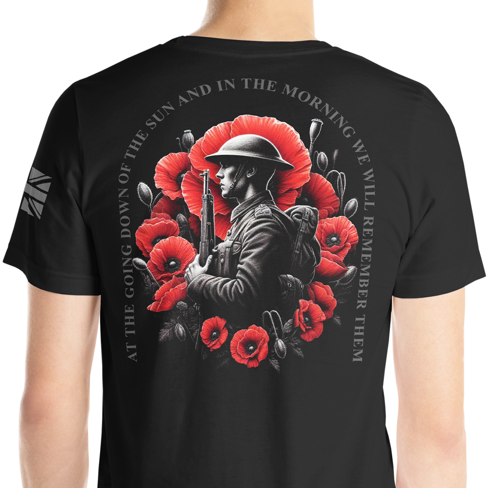Back view of man wearing black short sleeve unisex fit original T-Shirt by Achilles Tactical Clothing Brand We Will Remember design