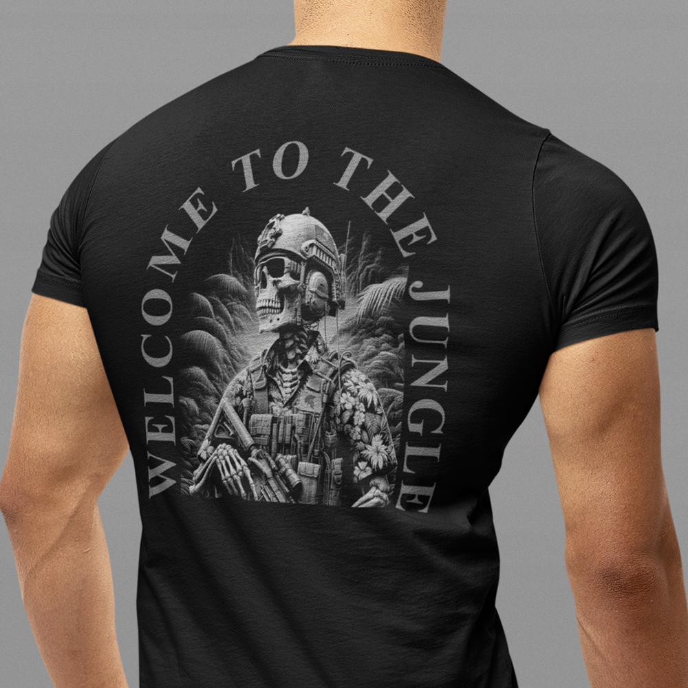 Back view of man wearing Black short sleeve unisex fit original cotton T-Shirt by Achilles Tactical Clothing Brand printed with welcome to the jungle design across back