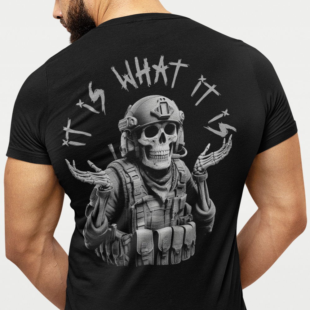 Back view of man wearing Black short sleeve unisex fit original cotton T-Shirt by Achilles Tactical Clothing Brand printed with Large What it is design across back