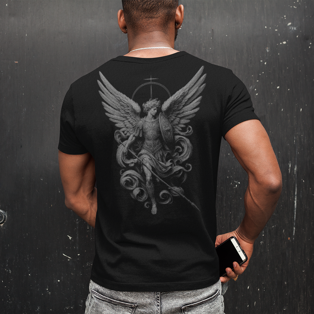 Back view of man wearing black short sleeve unisex fit classic T-Shirt by Achilles Tactical Clothing Brand Archangel design