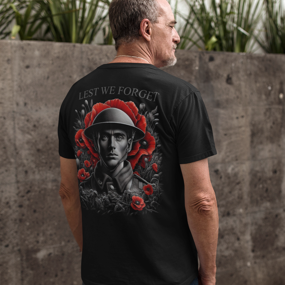 Back view of man wearing black short sleeve unisex fit original T-Shirt by Achilles Tactical Clothing Brand Lest We Forget design