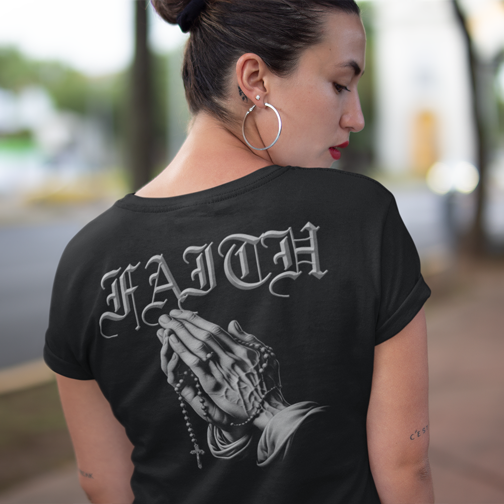 Back view of woman wearing black short sleeve unisex fit classic T-Shirt by Achilles Tactical Clothing Brand Faith design