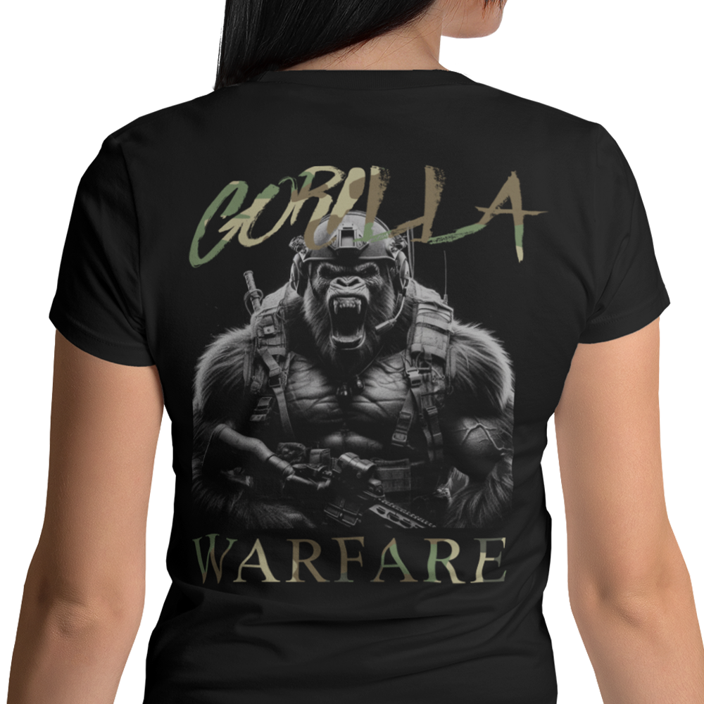 Back view of woman wearing Black short sleeve classic cotton unisex fit T-Shirt by Achilles Tactical Clothing Brand with screen printed Gorilla Warfare design