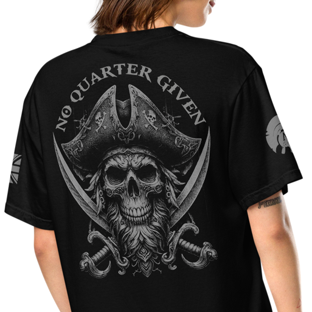 Back view of woman wearing Black short sleeve classic cotton unisex fit T-Shirt by Achilles Tactical Clothing Brand with screen printed No Quarter Given design