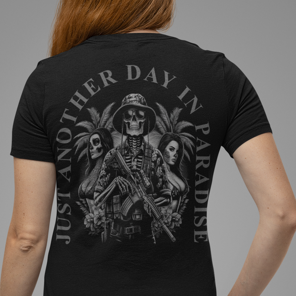 Back view of woman wearing Black short sleeve unisex fit classic cotton T-Shirt by Achilles Tactical Clothing Brand printed with Large another day in paradise design across back