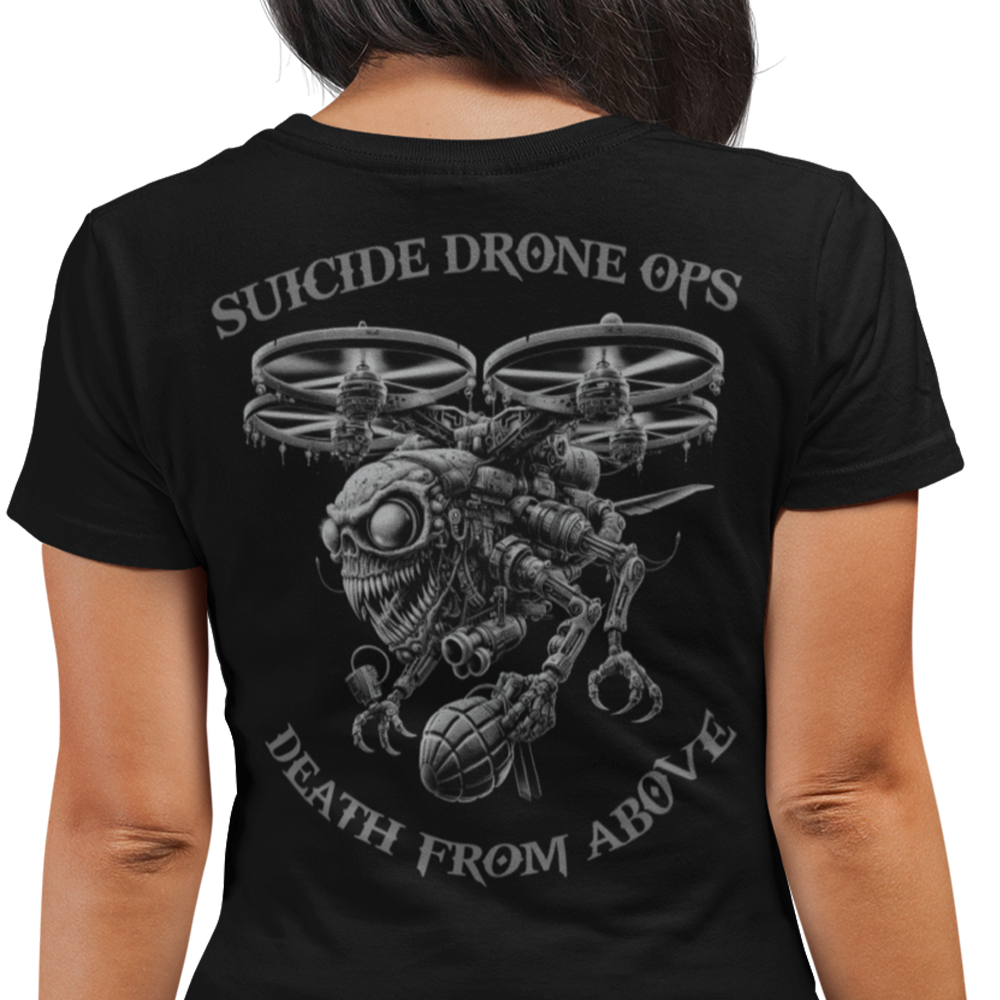 Back view of woman wearing Black short sleeve classic cotton unisex fit T-Shirt by Achilles Tactical Clothing Brand with screen printed Suicide Drone Ops design