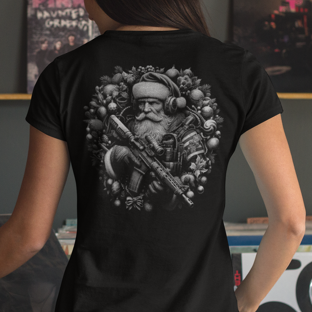 Back view of woman wearing Black short sleeve unisex fit classic cotton T-Shirt by Achilles Tactical Clothing Brand printed with Large Tactical Santa design across back