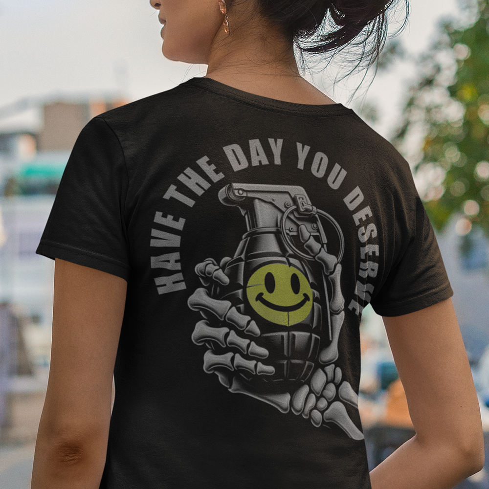 Back view of woman wearing Black short sleeve unisex fit classic cotton T-Shirt by Achilles Tactical Clothing Brand printed with the day you deserve design across back