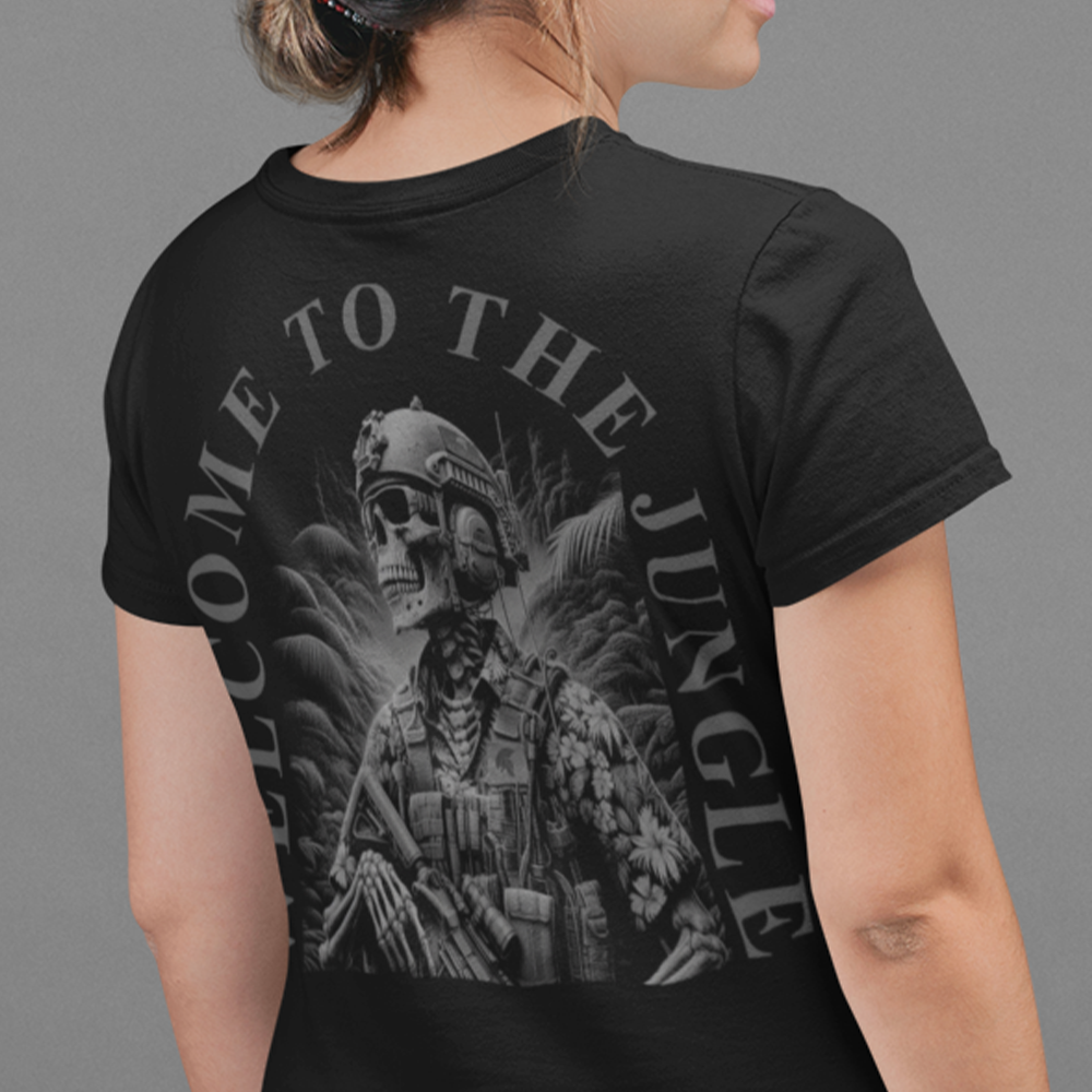 Back view of woman wearing Black short sleeve unisex fit classic cotton T-Shirt by Achilles Tactical Clothing Brand printed with Large welcome to the jungle design across back