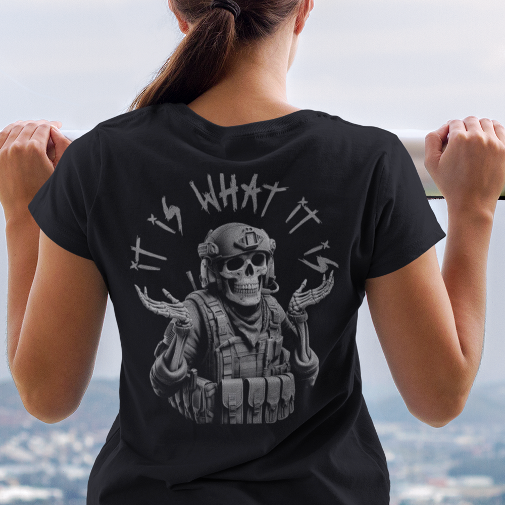 Back view of woman wearing Black short sleeve unisex fit classic cotton T-Shirt by Achilles Tactical Clothing Brand printed with Large what it is design across back