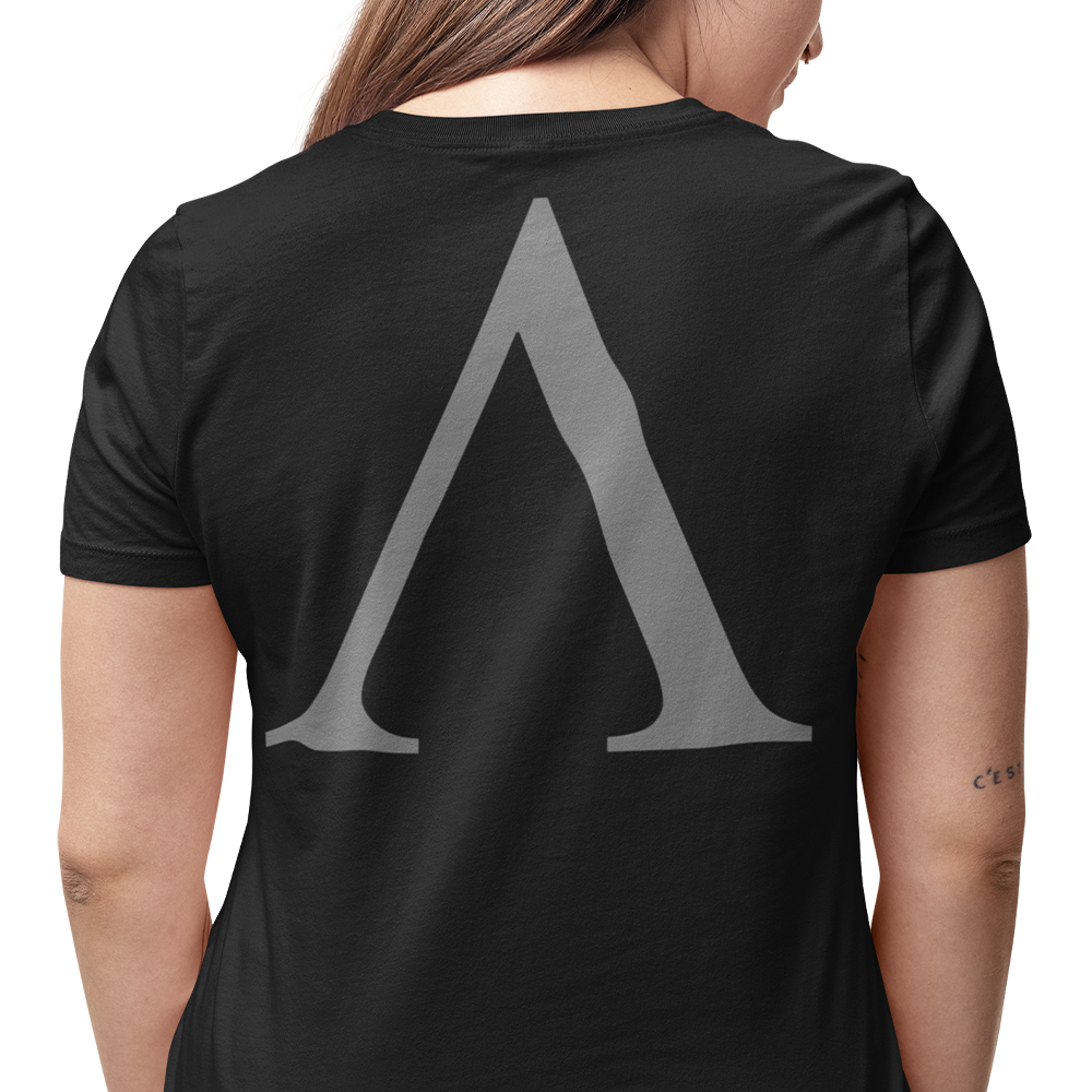 Back view of woman wearing black short sleeve unisex fit original T-Shirt by Achilles Tactical Clothing Brand Alpha design