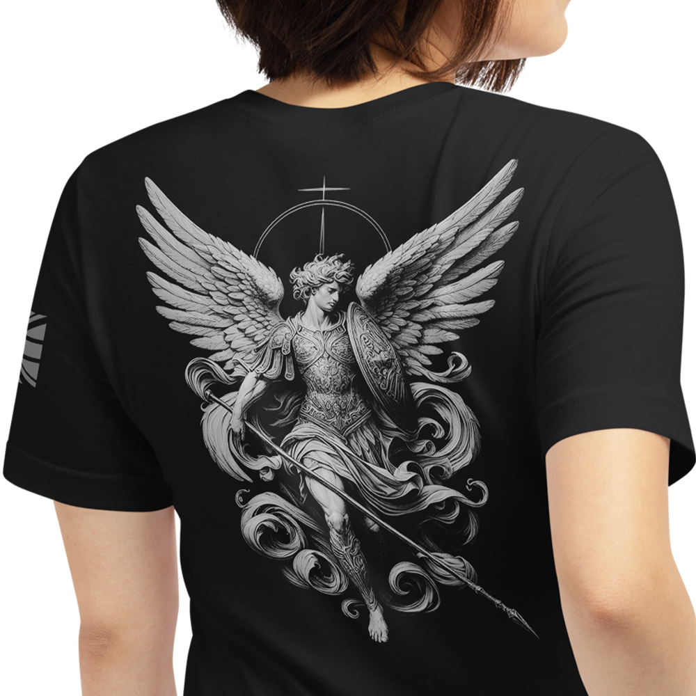 Back view of woman wearing black short sleeve unisex fit original T-Shirt by Achilles Tactical Clothing Brand Archangel design