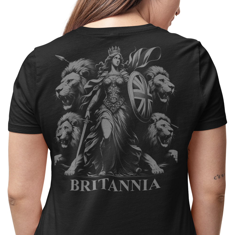 Back view of woman wearing black short sleeve unisex fit original T-Shirt by Achilles Tactical Clothing Brand Britannia design