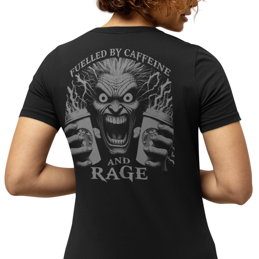 Back view of woman wearing black short sleeve unisex fit original T-Shirt by Achilles Tactical Clothing Brand Caffeine and Rage design