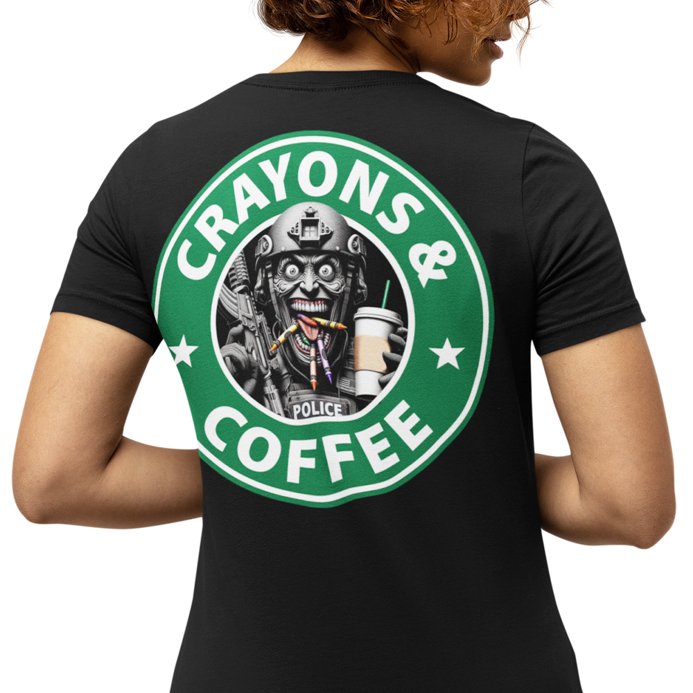 Back view of woman wearing black short sleeve unisex fit original T-Shirt by Achilles Tactical Clothing Brand Crayons & Coffee (AFO) design