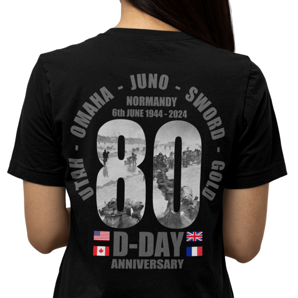 Back view of woman wearing black short sleeve unisex fit original T-Shirt by Achilles Tactical Clothing Brand DDAY 80 design