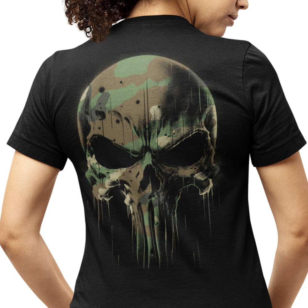 Back view of woman wearing black short sleeve unisex fit original T-Shirt by Achilles Tactical Clothing Brand DPM Cam Design design