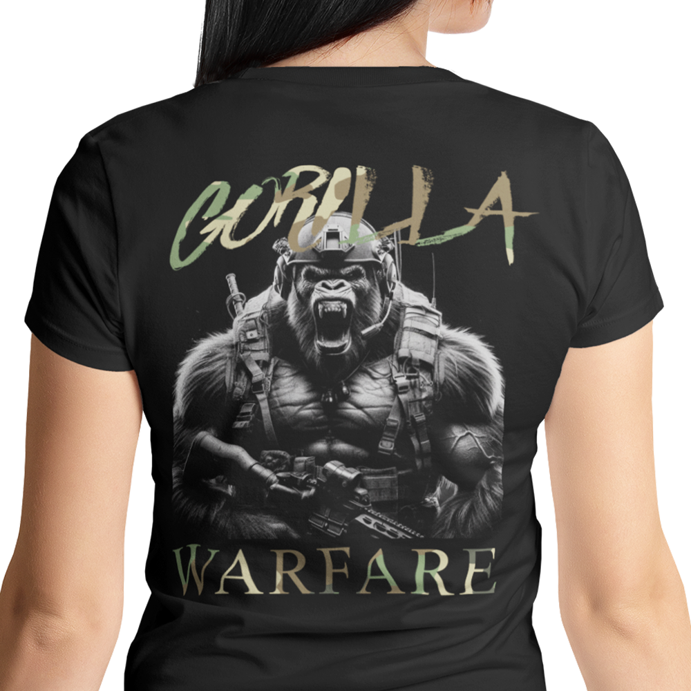 Back view of woman wearing black short sleeve unisex fit original T-Shirt by Achilles Tactical Clothing Brand Gorilla Warfare design