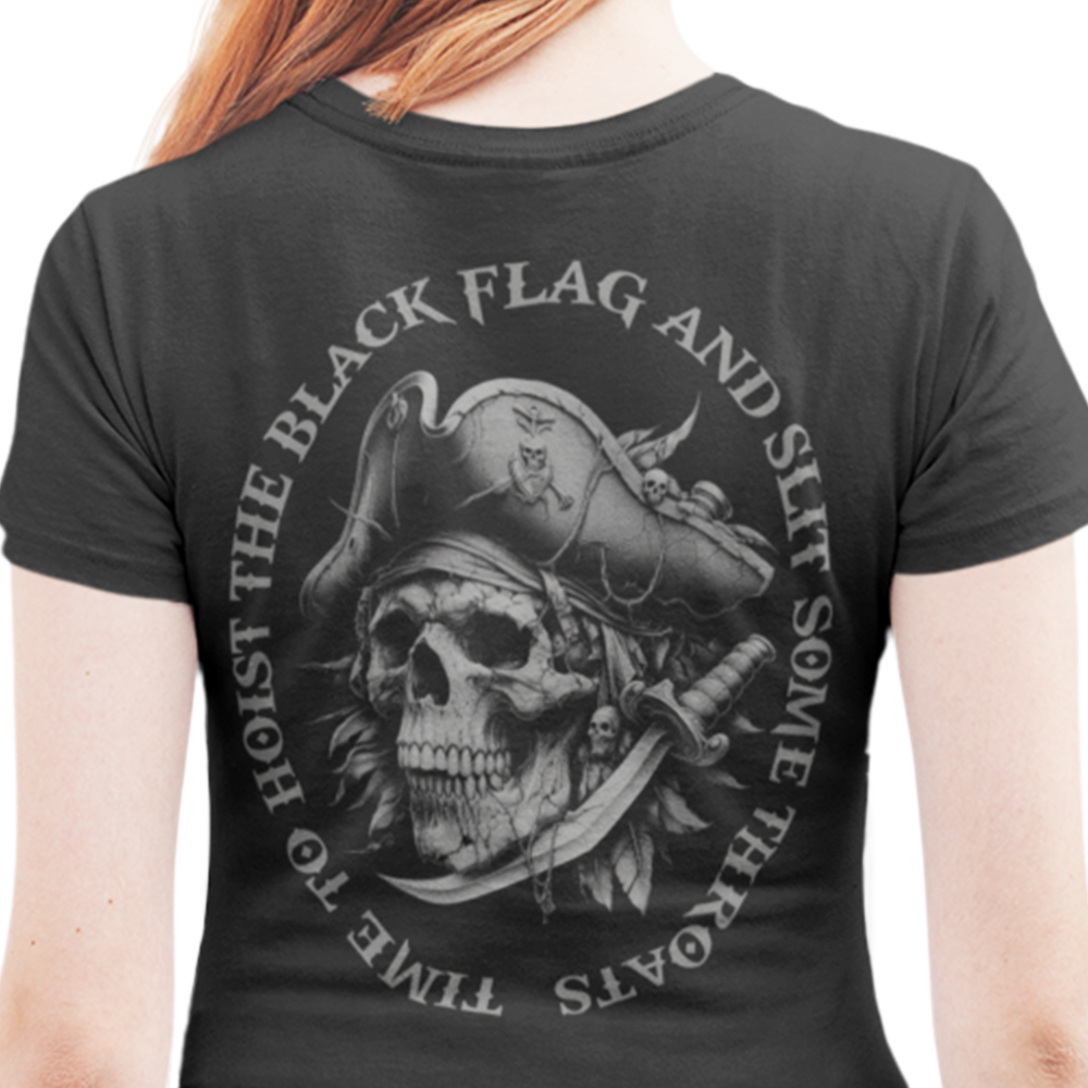 Back view of woman wearing black short sleeve unisex fit original T-Shirt by Achilles Tactical Clothing Brand Hoist the black flag design