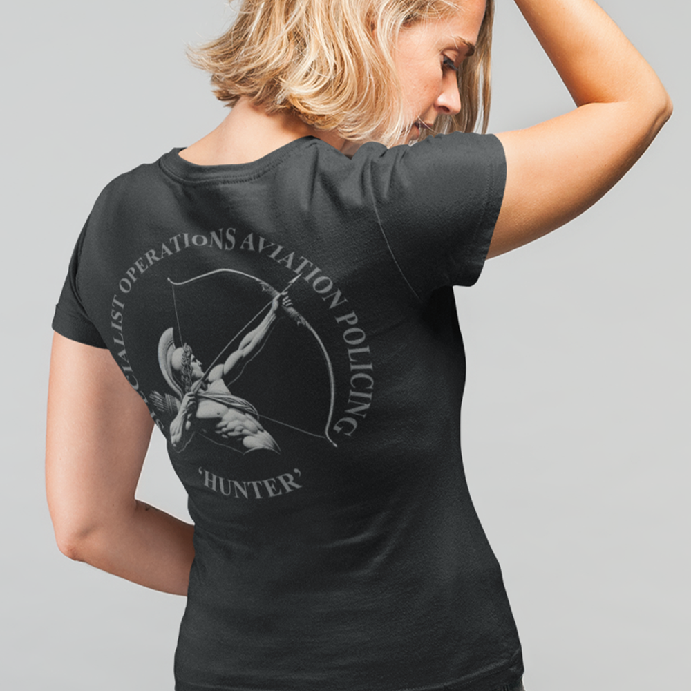 Back view of woman wearing Black short sleeve unisex fit original cotton T-Shirt by Achilles Tactical Clothing Brand printed with Large Hunter police design across back