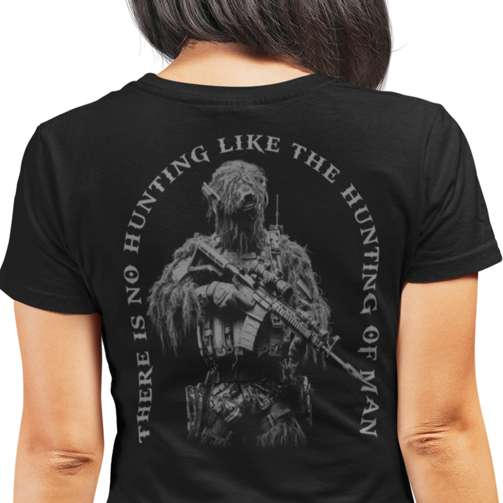 Back view of woman wearing black short sleeve unisex fit original T-Shirt by Achilles Tactical Clothing Brand Hunting of man design