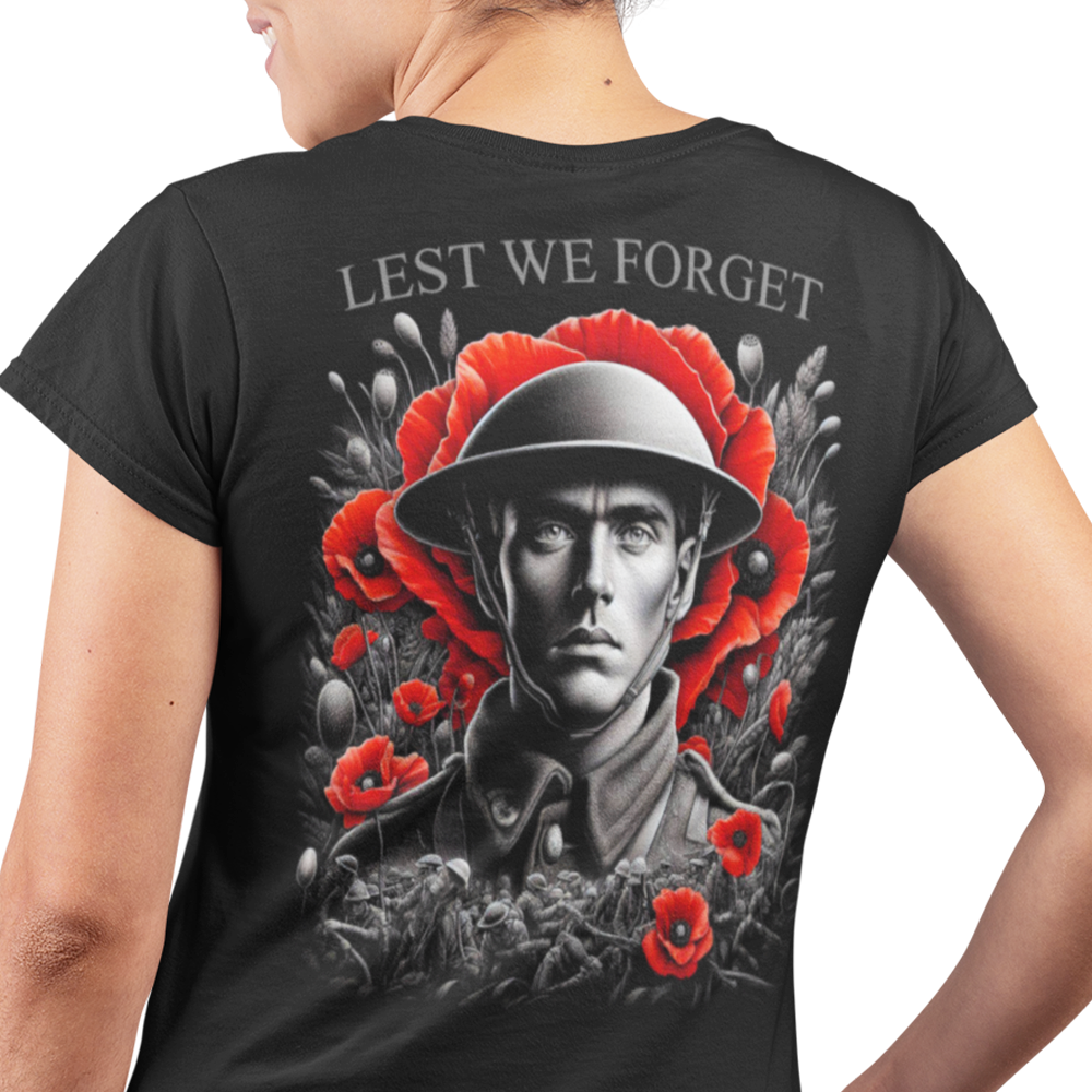 Back view of woman wearing black short sleeve unisex fit original T-Shirt by Achilles Tactical Clothing Brand Lest we forget design