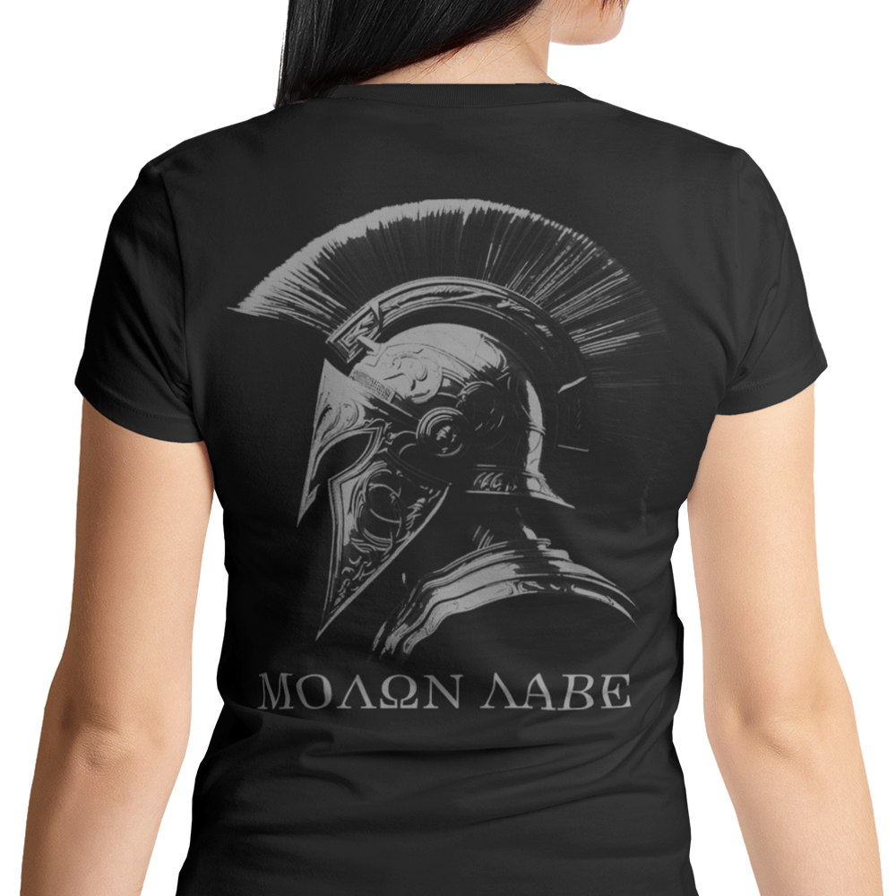Back view of woman wearing black short sleeve unisex fit original T-Shirt by Achilles Tactical Clothing Brand Molon Labe design