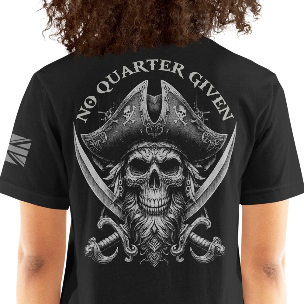 Back view of woman wearing black short sleeve unisex fit original T-Shirt by Achilles Tactical Clothing Brand No Quarter Given design