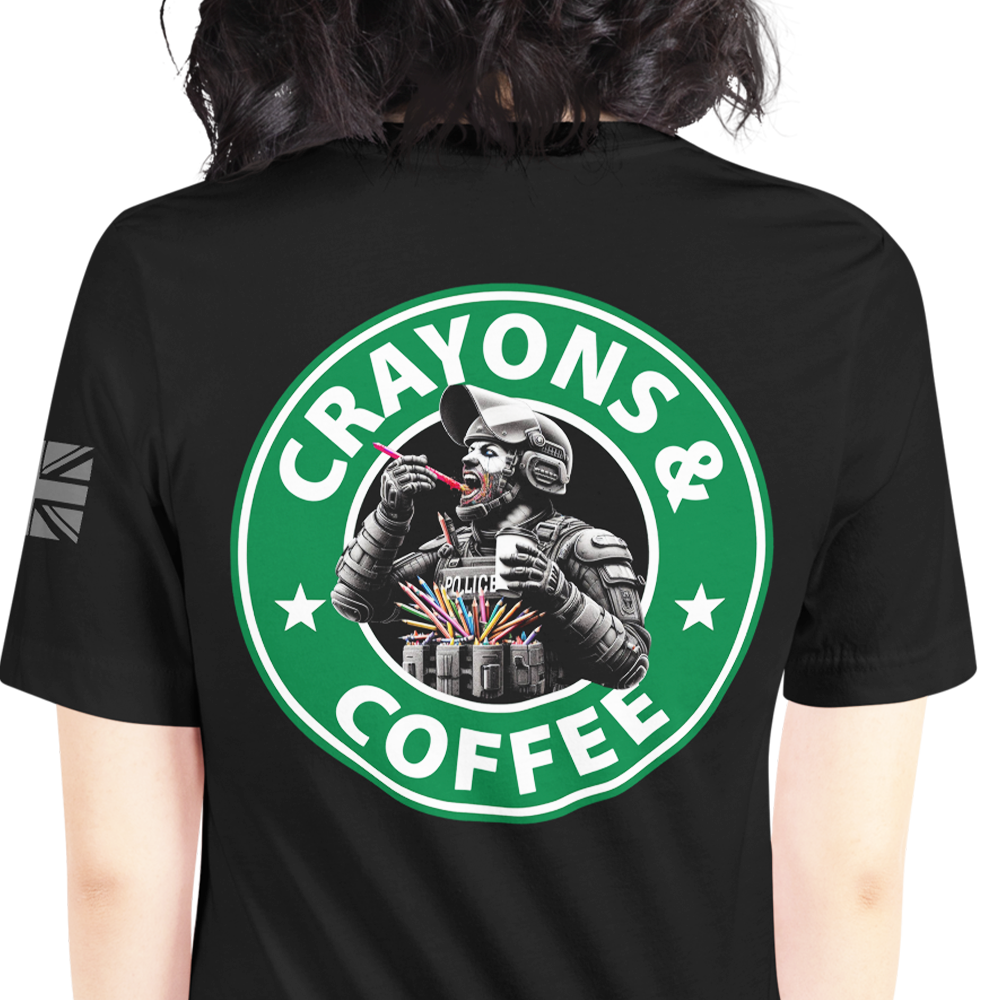 Back view of woman wearing black short sleeve unisex fit original T-Shirt by Achilles Tactical Clothing Brand Crayons & Coffee (PSU) design