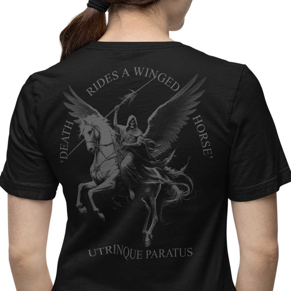 Back view of woman wearing black short sleeve unisex fit original T-Shirt by Achilles Tactical Clothing Brand Pegasus design