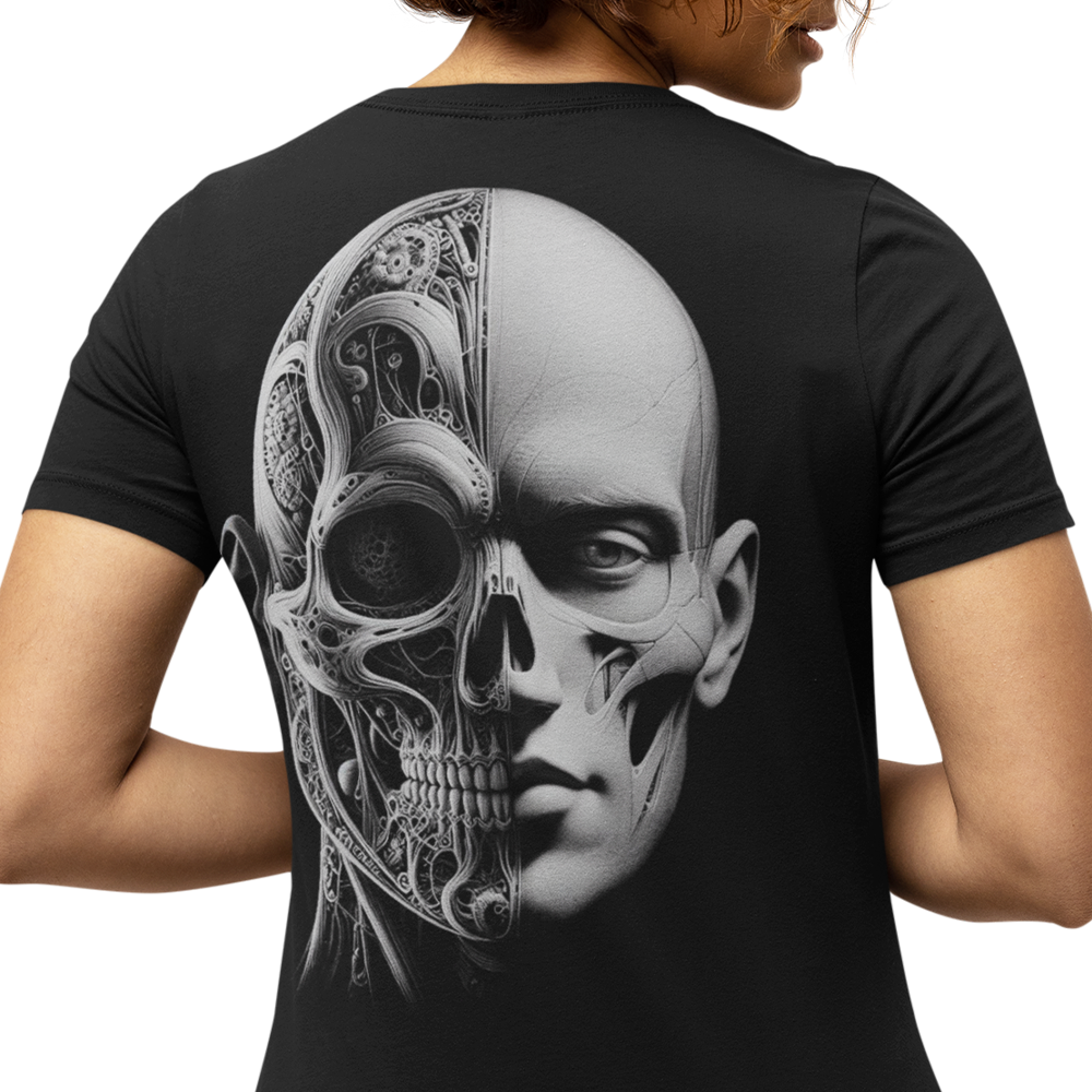 Back view of woman wearing black short sleeve unisex fit original T-Shirt by Achilles Tactical Clothing Brand Prometheus design