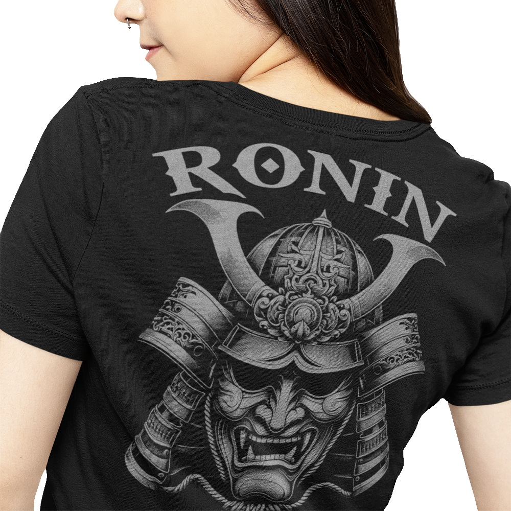 Back view of woman wearing black short sleeve unisex fit original T-Shirt by Achilles Tactical Clothing Brand Ronin design