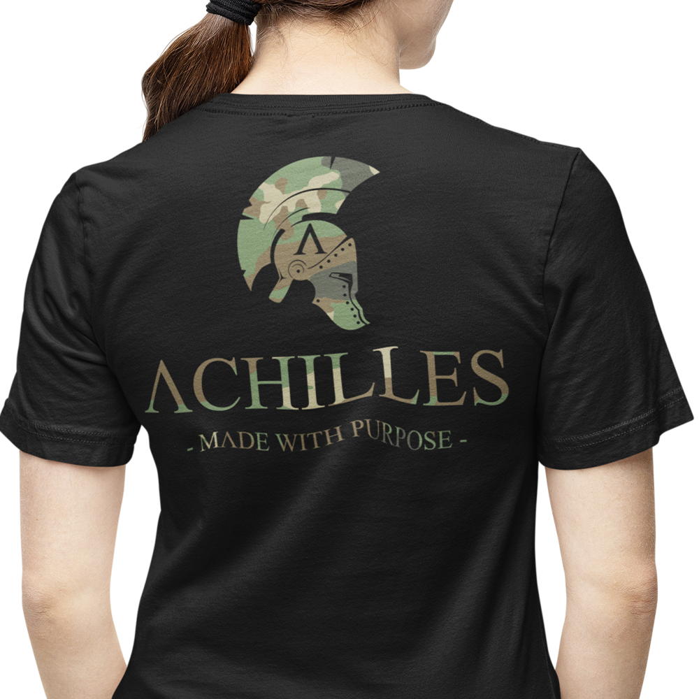 Back view of woman wearing black short sleeve unisex fit original T-Shirt by Achilles Tactical Clothing Brand signature DPM Cam design