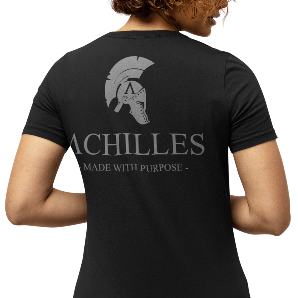 Back view of woman wearing black short sleeve unisex fit original T-Shirt by Achilles Tactical Clothing Brand signature design