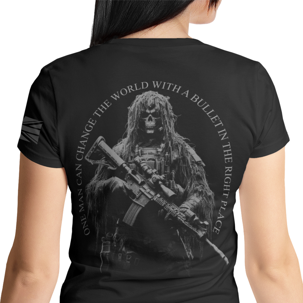 Back view of woman wearing black short sleeve unisex fit original T-Shirt by Achilles Tactical Clothing Brand Sniper quote design