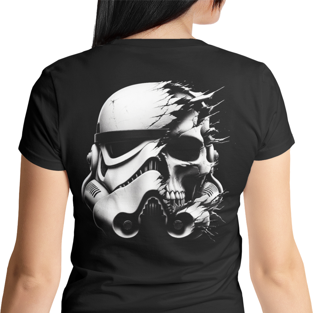 Back view of woman wearing black short sleeve unisex fit original T-Shirt by Achilles Tactical Clothing Brand Stormtrooper Helmet design